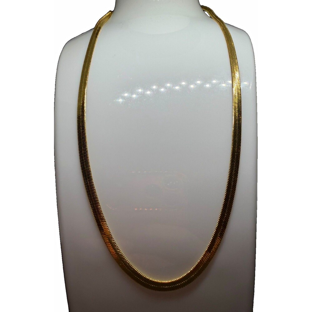 18K Gold Tone Herringbone Chain Necklace, Lobster Clasp, No Stones